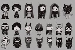 6 simple shaped hand drawn cartoon characters that are cute dark and have hoodies