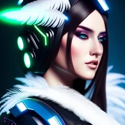 A beautiful portrait of a cute cyberpunk woman, high key lighting, volumetric light high details with white stripes and feathers and celtic paterns