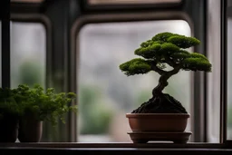 A small bonsai plant in a pot, by the window, blurry background