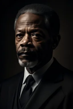 An extremely formal, funeral program on darkest black deep pigmented velvet paper with brilliant, brightest silver fonts, with a photograph of an strikingly handsome slightly tanned Biracial Black man of 48 years of age, with a slightly gray goatee dressed in a very dark conservative suit and tie, the photograph has a dark black background or dark black drapery background, simple, minimalistic, less element, dramatic lighting,