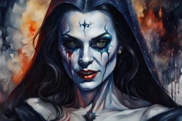 oil with watercolor underpainting of a dark medieval female vampire sorceress , with highly detailed facial features ,in the style Ann Chernow, with a fine art aesthetic, highly detailed , realistic , 4k UHD cinegraphic quality