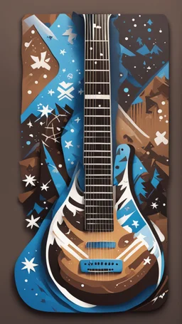 Create a dynamic snowboard pattern with a guitar theme, utilizing a maximum of 6 colors. Feature a stylized guitar fretboard running down the board in rich browns and blacks, complemented by rhythmic snowflakes in cool blues or silvers. Integrate a guitarist silhouette shredding down a mountain slope, using gradients for strumming motion. Keep the palette vibrant and harmonious, capturing the energy of music and snowboarding.