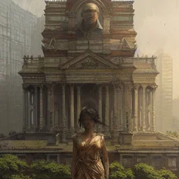 Depiction on the building and statues, highly detailed depiction, overgrown, building, old, 3d, concept art portrait by Greg Rutkowski