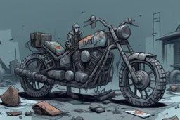 motorcycle, comic book,post-apocalypse, gray background,