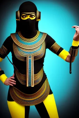 Realistic photograph. Geometric 3D tiling on the background, Egyptian woman, Whip. Bronze color, Yellow, Black Cyan, Cyber-punk, full-mask, big old AKG headphones, golden rings & disc. Selfie both hands. Asian, lightly armored, electronic circuits. Thick tights, thick calves, bend fell, wide hip, flat belly. Ancient artifact attached. Perfect body. Matrix movie clothes, Silver leather area, tippet, latex. Wicked sneakers. Daft Punk, Tron Movie. Haute Couture. 1990's. Ancient telephon