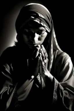 Following the ideas of the book 'The Praise of Shadows', woman wrapped in a tunic among shadows, only part of the face and hands joined in an attitude of prayer visible, real photograph, 16K