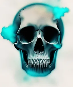 realistic skull. watercolor and ink. black background. smoke and explode. particles in air. teal and orange