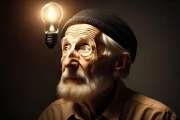 A old man was thinking and had a bulb of light floating on his head.