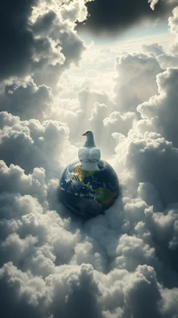 White Dove above swirling clouds, emerges from the heart of a raging storm. Turbulent winds of steam swirl around the iconic structure, lit by shafts of sunlight that cast dramatic shadows on the A large planet Earth hovering by over the clouds, another high planet waiting to collapse with planet earth , High quality 16k cinematic scene and great photography