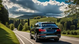 A sleek rear view of (((a cross of bmw and bentley bentayga))), on street, with hill and trees around, a beautiful clouds and sunny weather, 4K, Superdetailed, No mistakes