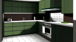 kitchen with celadon and dark red furniture, on the left side by the window from the bottom up, a microwave and an oven installed in the furniture, and on the right side and next to it an induction hob and a cooker hood above it, on the right side there is a sink and a dishwasher underneath it