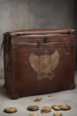 in the BASEMENT there is an old, broken brown oblong leather chest with short handles, with a hole on the side, gold coins from the time of Catherine the Great fall out of it. The ancient coat of arms of tsarist Russia, the double-headed eagle, is BARELY VISIBLE on the bag. All in high quality 8K