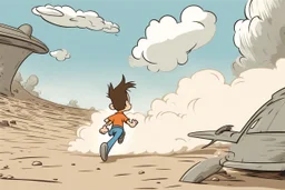 mostly sky, ground line at bottom, small cartoon character running towards the right side, leaving behind a cloud of dust. style of looney toons cartoon