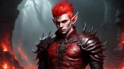 Elf_male_red_skin_standing_in_hell_red_hair._mohawk_hair_in_a_bun_leather_clothes_fantasy