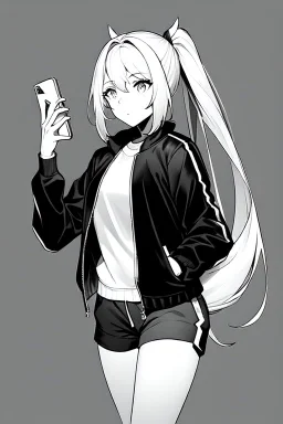 blonde girl with ponytails dressed in a jacket and shorts use cell phone's flashlight to get some light in the dark, greyscale