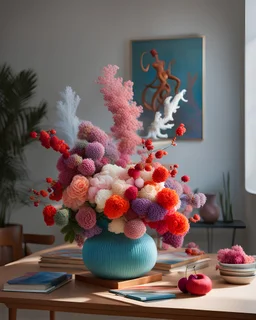 november very sunny day at 10 a.m. volumetric lightning, professional studio photography with Leica Hermes Edition M7 camera of intricate qwilling floral bouquet in a metamodernist knit vase on brutalist knit table, overloaded and sophisticated composition, contemporary urban art gallery context, hyper detailed, hyperrealistic, intricate details. inspired by Wassily Kandinsky, Benetton and Bruno Munari. Eye-catching, vivid, product-focused, sharp focus, extravagant.