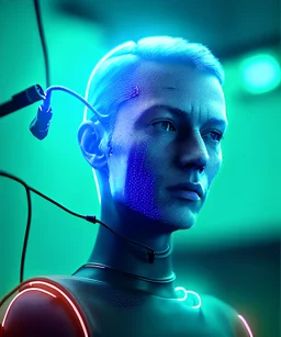 Ultra realistic photographic night portrait, cinematic, <sweet nordic woman> <hanging wires> <retro monitor> many wires coming out of the head <perfect pupil> <cyborg arm> <garage> <wide angle Shot> <sci-fi futuristic> <thriller>, neon lights, color fog, soft color, highly detailed, unreal engine 5, ray tracing, RTX, lumen lighting, ultra detail, volumetric lighting, high definition.