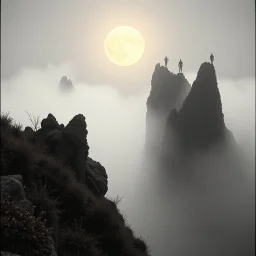 Close-up Ilford photograph of a creepy surreal landscape, rocky spur, eerie, no style, steep, autumn vegetation, very surreal, spooky, metaphysical objects, giant sun, intricate, thoughtful, appalling, deep 3d field, 8k, hypermaximalist, lot of fog