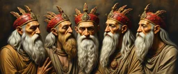 master oil painting by Rembrandt, with spray paint and pen outline, realistic rendering Portrait of the Apkallu sages who were sent by the god Ea to teach civilization to humanity before the flood. They were depicted as half-human and half-fish or bird, and were associated with wisdom, magic, and culture.