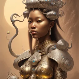 Sango fantasy, fantasy magic, intricate, sharp focus, illustration, highly detailed, digital painting, concept art, matte, art germ and Paul Lewin and Kehinde Wiley, masterpiece silver elephant head bronze Buddha Asian African girl nice breast Hawaiian hair turquoise golden waves