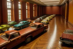 A museum with different cars and different colours, with brown walls and floors