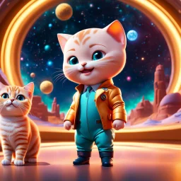 (masterpiece, best quality, 8k, RAW photo, beautiful and aesthetic:1.2), complex detail, Indirect light, photorealistic, (((full body))), Cosmic Boss Baby style smiling, bald, with a ginger cat companion, colorfull Sci-Fi environment