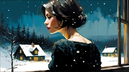 brunette woman with bob hair looking out a window in the country on a snowy night :: by Robert McGinnis + Jeremy Mann + Carne Griffiths + Leonid Afremov, black canvas, clear outlining, detailed