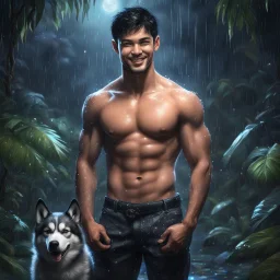 Hyper Realistic handsome shirtless muscular short black hair young man with wet chest smiling & standing with his black husky in a dark mystical jungle at rainy night with glowing crystals