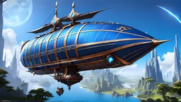 high fantasy skyship, flying sloop, smooth hull, critical role, tal'dorei, vox machina, blue crystal nacelles, high resolution cgi, 4k, unreal engine 6, high detail, cinematic, concept art, thematic background, center framed