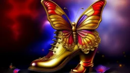 fantasy style purple and golden butterfly in a red boots