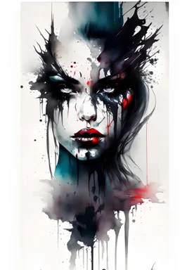An abstract realism modern design with watercolo and beautiful portrait of an amazing women dark art horror gloomy demon