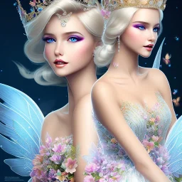 fantasy fairy with transparent wings, smiling, make up, long platinum blond hair with crown and flowers, arcoris dress