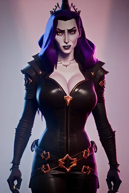 Jennifer Cooldge as evil queen in black leather, leather, busty, cleavage, angry, stern look. character design by cory loftis, fenghua zhong, ryohei hase, ismail inceoglu and ruan jia. unreal engine 5, artistic lighting, highly detailed, photorealistic, fantasy