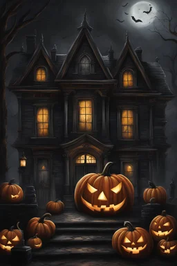 a painting of a house with pumpkins in front of it, spooky mansion, halloween atmosphere, gothic mansion, gothic painting, spooky and scary atmosphere, spooky halloween night, haunted house interior, halloween wallpaper with ghosts, ultra detailed haunted house, elegant horror artwork, gothic background, voodo decor, haunted house, spooky halloween theme, in a halloween style, halloween art style