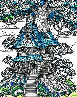 fairy tree house coloring book cover for adults