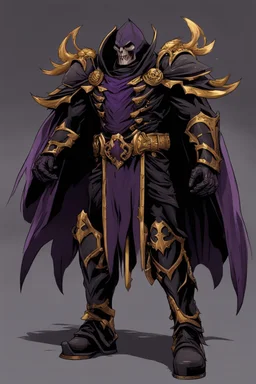 Fry grim reaper knight hero with black wings and cool black plate armor trimmed in gold and purple with a flowing black cape but with a handsome human vampire face