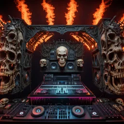 DJ of the damnded, insanely detailed DJ booth in hell, MID set, speakers and equipment made of bone, anatomically correct, add more skulls in th audience, photorealism, vray, 8k 3d, woofers in all empty eye sockets of stage equipment, wide angle, telephoto, from audience, all multicolored skulls,