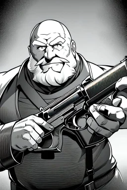 old man behind the aiming with a shotgun, greyscale