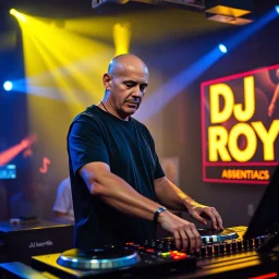 A dj on a night rave club standing mixing songs , he looks like the actor Bryan Cranston, bald man. strobes and blue yellow light, a big sign with "DJ ROY" in the background, this is a album cover for his dj roy assentials album.