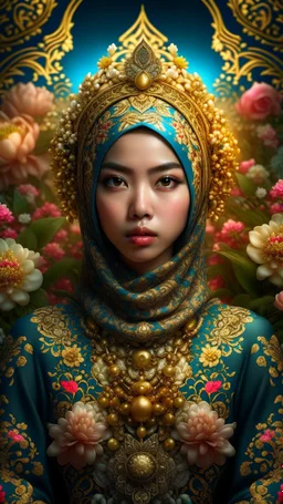 Beautiful facee Indonesia hijaber Princess front view portrait, adorned with giant Jasmine, and lily flower ,roses , golden pearls , zafir gemstone headress, wearing floral, lace, pearls, zafirs ornate Iranian costume, organic bio spinal ribbed detail of Iranian style full jasmin and rose and persian garden background by the moonlight extremely detailed hyperrealistic maximalist portrait art, 8k