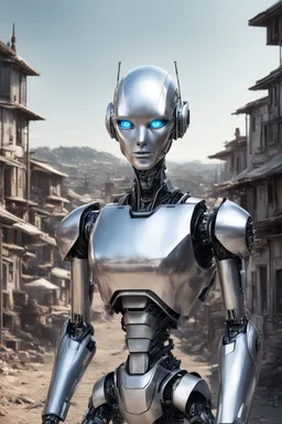 silver humanoid robot, with a human face, standing looking over a small alien town