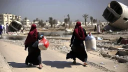 A Palestinian woman wearing a dress carrying very large bags of flour on her back, bending her back down in the destroyed Gaza City, and aid boxes descending from planes near the sea, with a large number of children looking up.