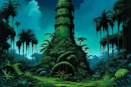 A bluish green tower in a toxic jungle painted by Frank Wilson