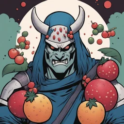 [mexican comics Head Lopper style by Andrew MacLean] ninja with fruits all over his face, cutting them with fury