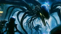 xenomorph FLY SQUID SPIDER hybrid, attacking the happiest place on earth, photorealism, movie screen capture, horror, sci-fi, retrofuturism, with relative xenomorph head,, hunting, stealthy, black exoskeleton, by walt disney