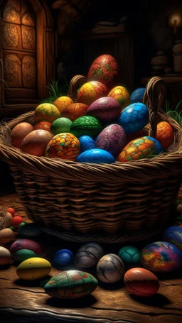 Bosch nightmares paining style Title:a basket full of colourful Eggs , 8k artistic photography, photorealistic concept art, soft natural volumetric cinematic perfect light, chiaroscuro, award-winning photograph, masterpiece, oil on canvas, Raphael, Caravaggio, Greg Rutkowski, people, beksinski, Giger