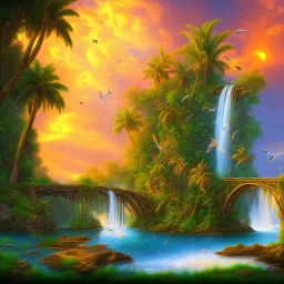  island waterfall palms twigs spring sunset rainbow bridge birds