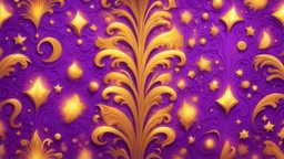 Hyper Realistic Glowing-Golden-Groovy-Patterns on Purple-background with fire-embers on it