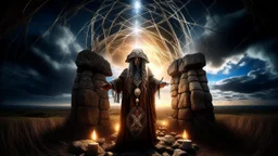 mystical sorcerer, center of stonehenge, commanding the elements, swirling sky, vibrant energy vortex, flowing robes, master of the circle, HDR, high resolution, trending on ArtStation:: ancient runes glowing, ethereal light, dramatic shadows, wide angle lens, fantasy concept art, by Luis Royo and Brom:: powerful stance, intricate spell patterns, deep focus, cinematic lighting, 8k:: modern objects, cars, buildings::-0.5 --ar 16:9