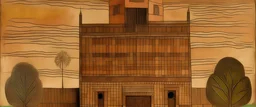 A brown mechanical temple designed in Mayan architecture painted by Paul Klee